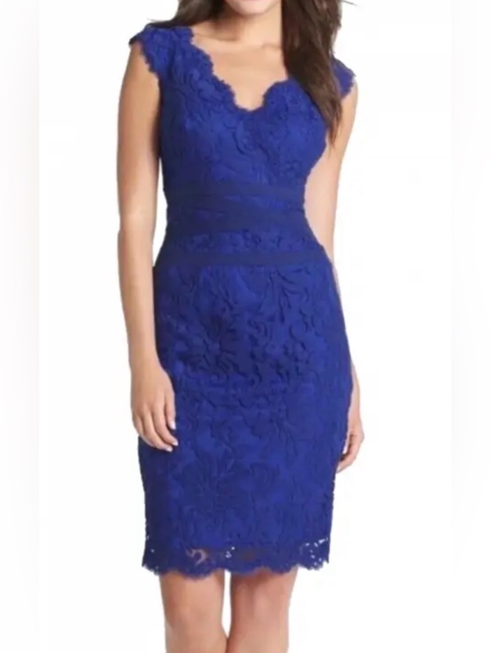 Tadashi Shoji Royal Blue Embroidered Lace V-Neck Sheath Dress Size 6 Event party